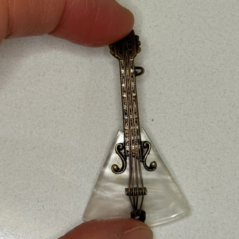 Vintage Spain Signed Intricate Guitar Brooch